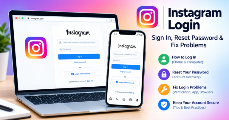 Instagram login page on a laptop and phone for sign-in, password reset, and account recovery