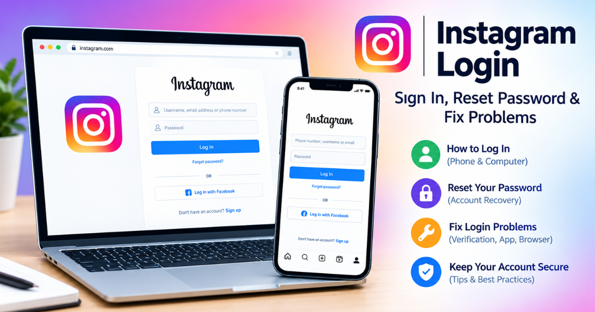 Instagram login page on a laptop and phone for sign-in, password reset, and account recovery