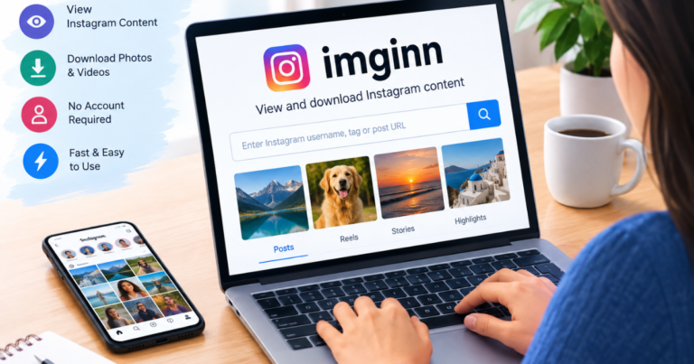 Imginn Instagram viewer showing public posts, Reels, Stories, and downloadable content on a laptop