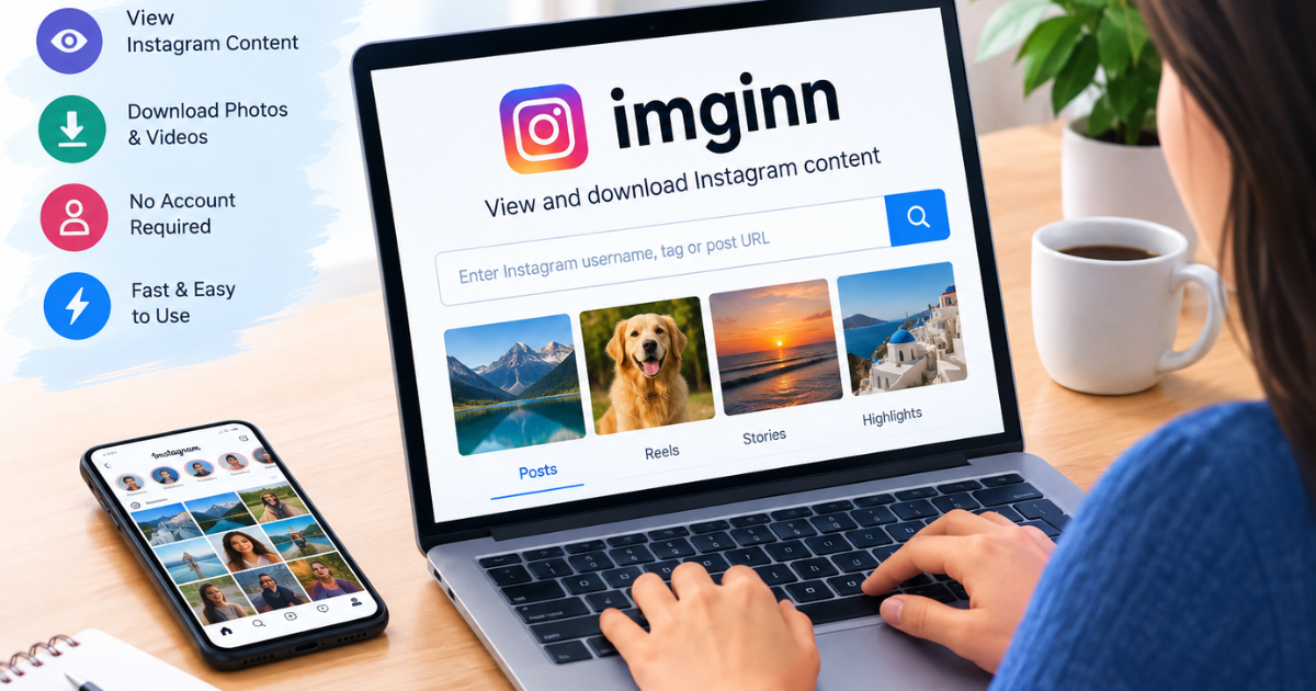 Imginn Instagram viewer showing public posts, Reels, Stories, and downloadable content on a laptop